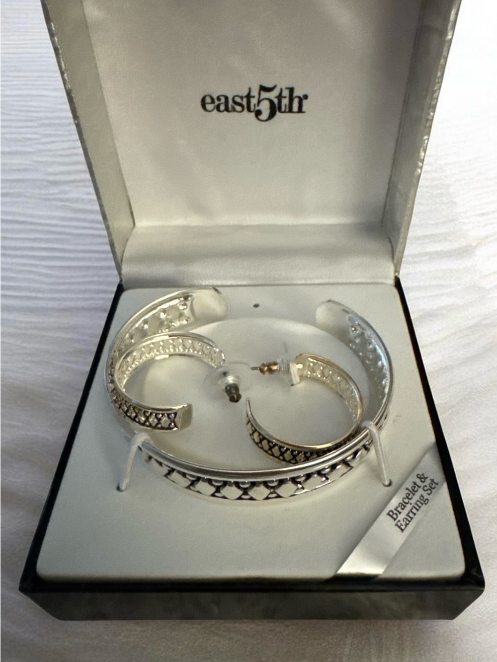East 5th Silver-Tone Cuff Bracelet and Hoop Earring Set